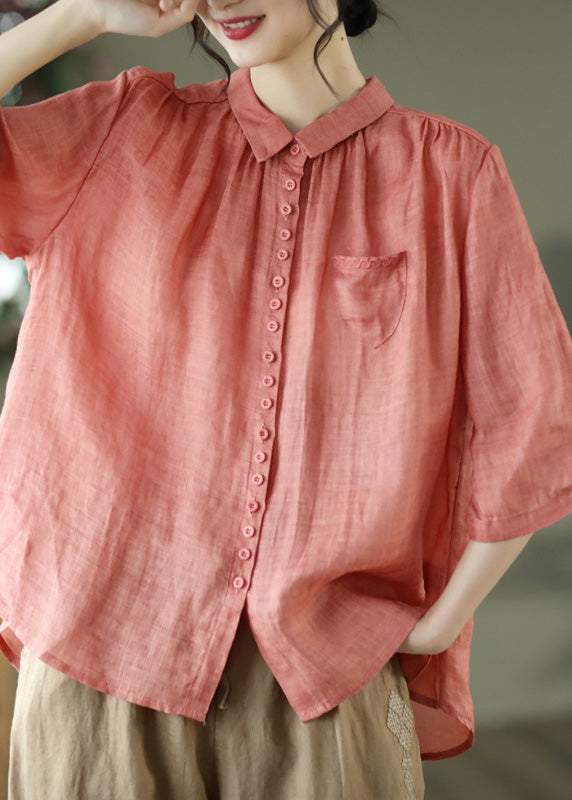 Camisa de lino con botones y cuello Peter Pan color caqui Art de verano