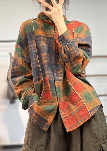 Art Khaki Peter Pan Kragen Patchwork Plaid Feine Baumwolle Gefüllt Shirts Winter