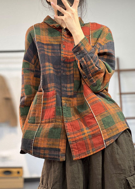 Art Khaki Peter Pan Kragen Patchwork Plaid Feine Baumwolle Gefüllt Shirts Winter