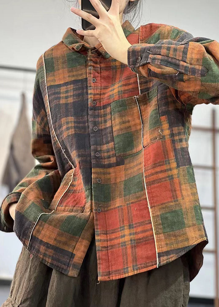 Art Khaki Peter Pan Kragen Patchwork Plaid Feine Baumwolle Gefüllt Shirts Winter