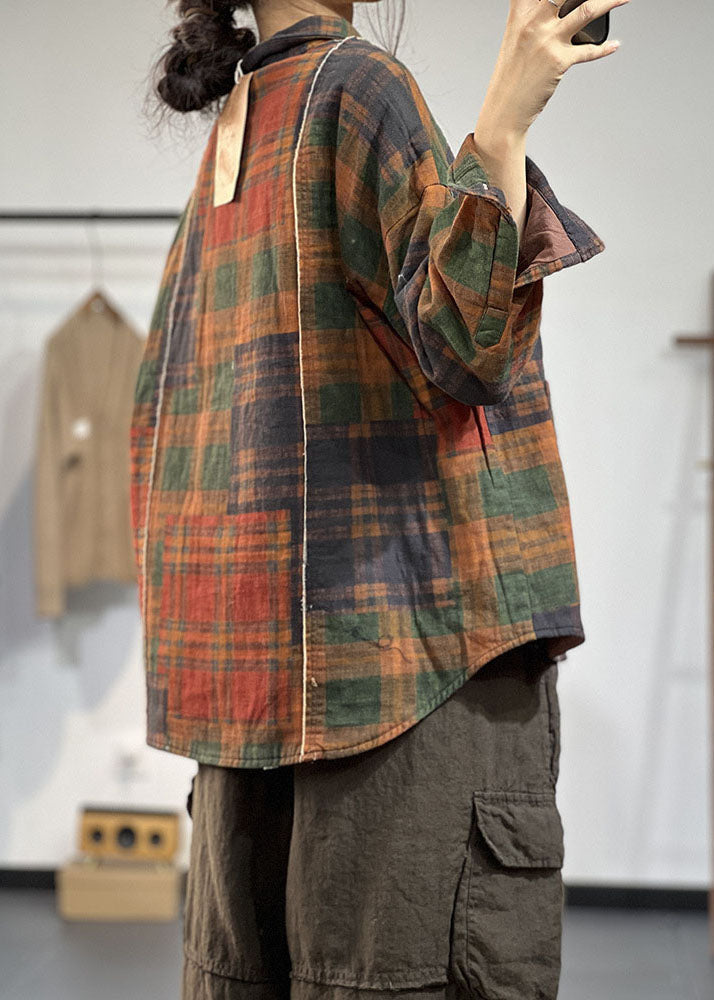 Art Khaki Peter Pan Kragen Patchwork Plaid Feine Baumwolle Gefüllt Shirts Winter