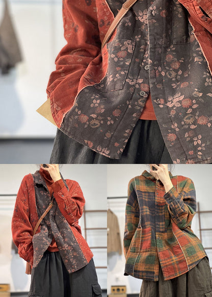 Art Khaki Peter Pan Kragen Patchwork Plaid Feine Baumwolle Gefüllt Shirts Winter