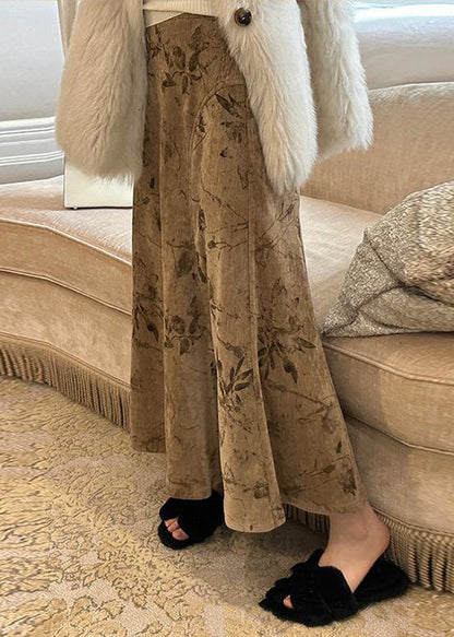 Khakifarbene, hochtaillierte Seidensamtröcke mit Kunstmuster für den Frühling