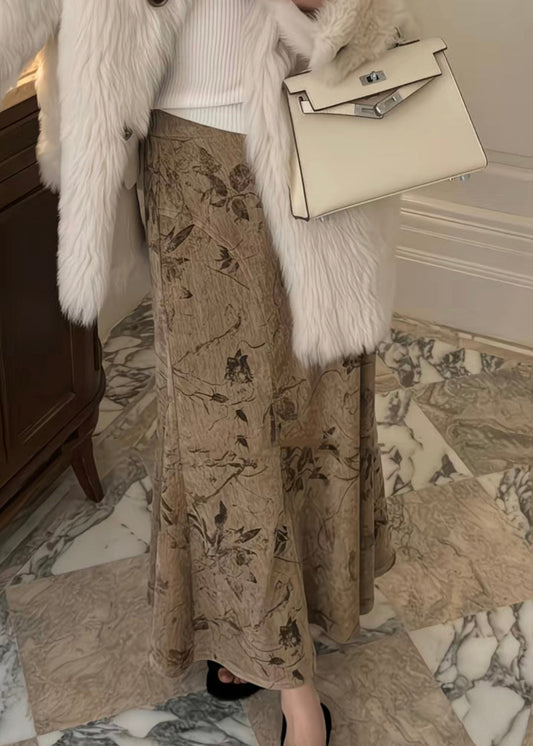 Khakifarbene, hochtaillierte Seidensamtröcke mit Kunstmuster für den Frühling