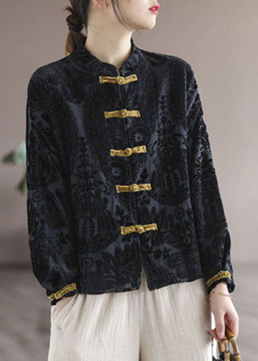 Art Khaki Stehkragen Jacquard Velours Hemd Langarm