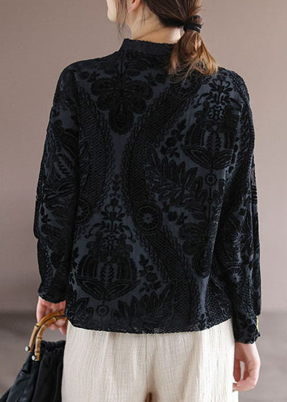 Art Khaki Stehkragen Jacquard Velours Hemd Langarm