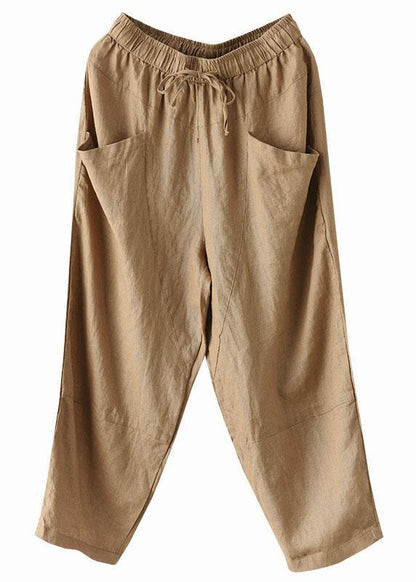 Art Khaki Tie Waist Pockets Summer Harem Pants Linen - SooLinen