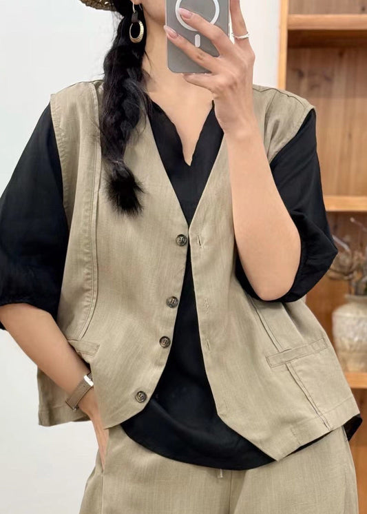Art Khaki V Neck Button Pockets Linen Waistcoat Sleeveless