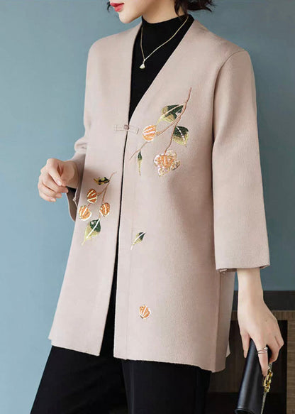 Art Khaki V Neck Woolen Coats Three Quarter Sleeve