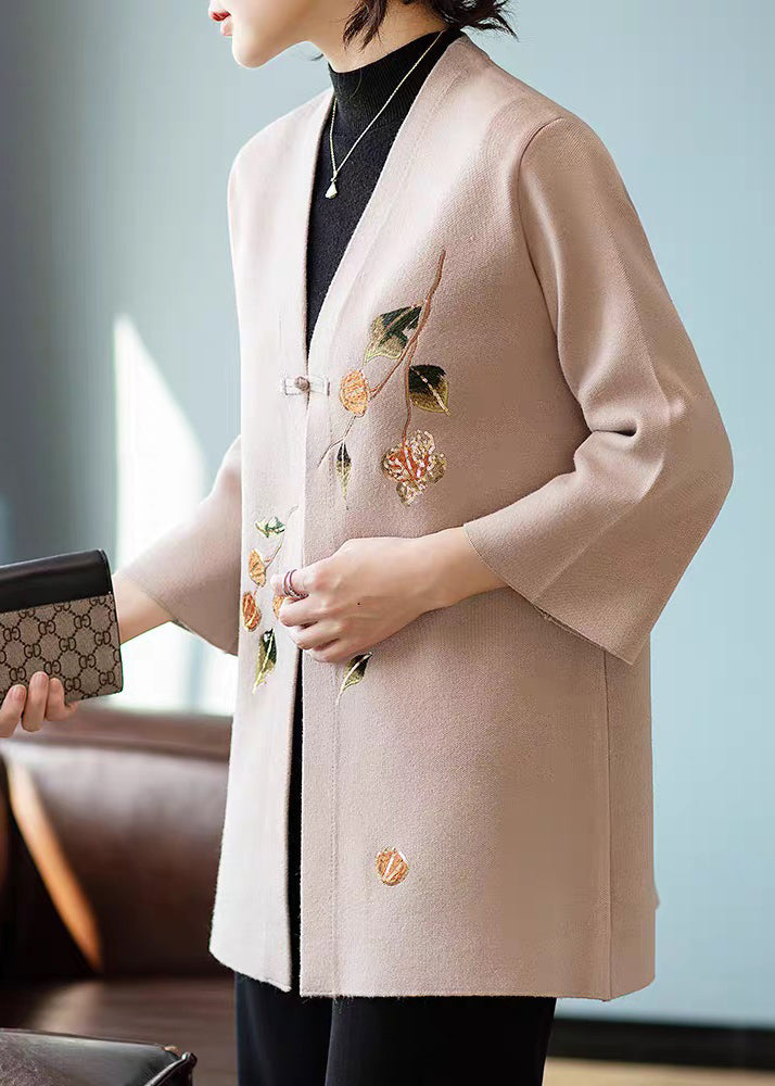 Art Khaki V Neck Woolen Coats Three Quarter Sleeve