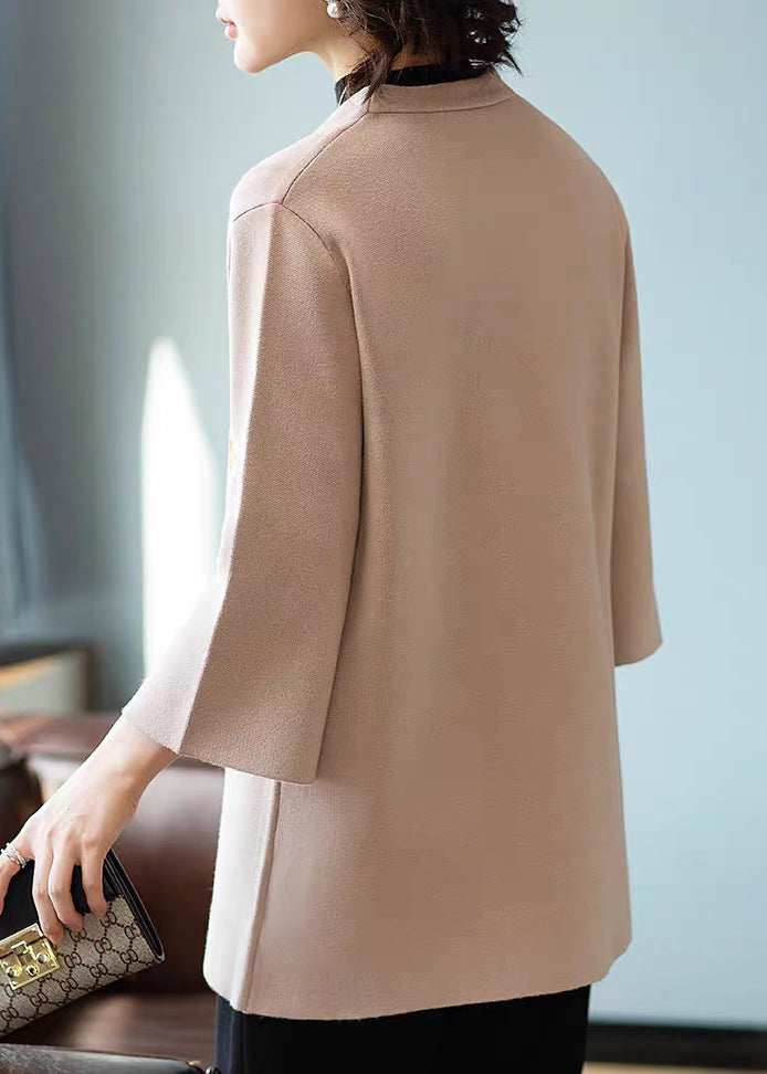 Art Khaki V Neck Woolen Coats Three Quarter Sleeve