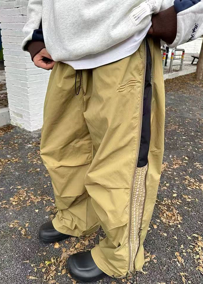 Art Khaki Wrinkled Drawstring Patchwork Cotton Mens Pants Summer