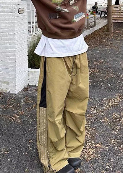 Art Khaki Wrinkled Drawstring Patchwork Cotton Mens Pants Summer