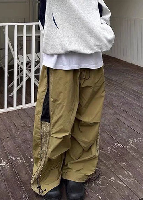 Art Khaki Wrinkled Drawstring Patchwork Cotton Mens Pants Summer