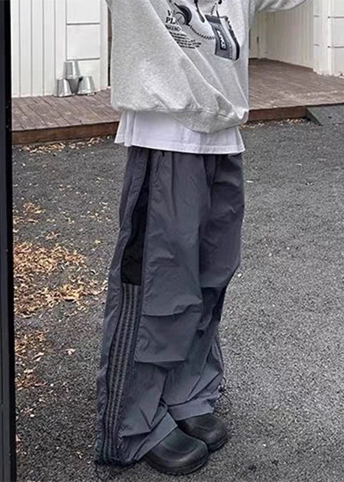 Art Khaki Wrinkled Drawstring Patchwork Cotton Mens Pants Summer