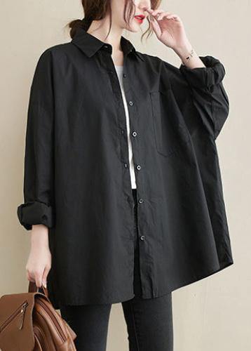 Art Lapel Pockets Spring Tunic Top Shirts Black Top - SooLinen