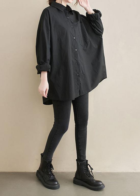Art Lapel Pockets Spring Tunic Top Shirts Black Top - SooLinen