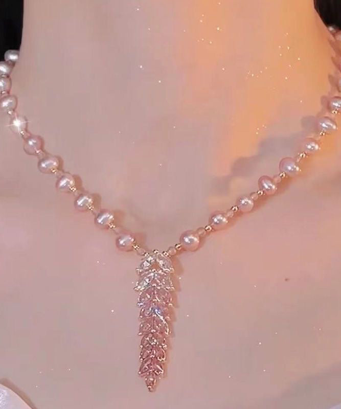 Collar con colgante de borla de espiga de trigo y perla de aleación de lavanda