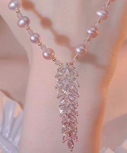 Collar con colgante de borla de espiga de trigo y perla de aleación de lavanda