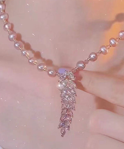 Collar con colgante de borla de espiga de trigo y perla de aleación de lavanda