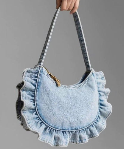 Bolsos de mano para mujer de tela vaquera con volantes en azul claro