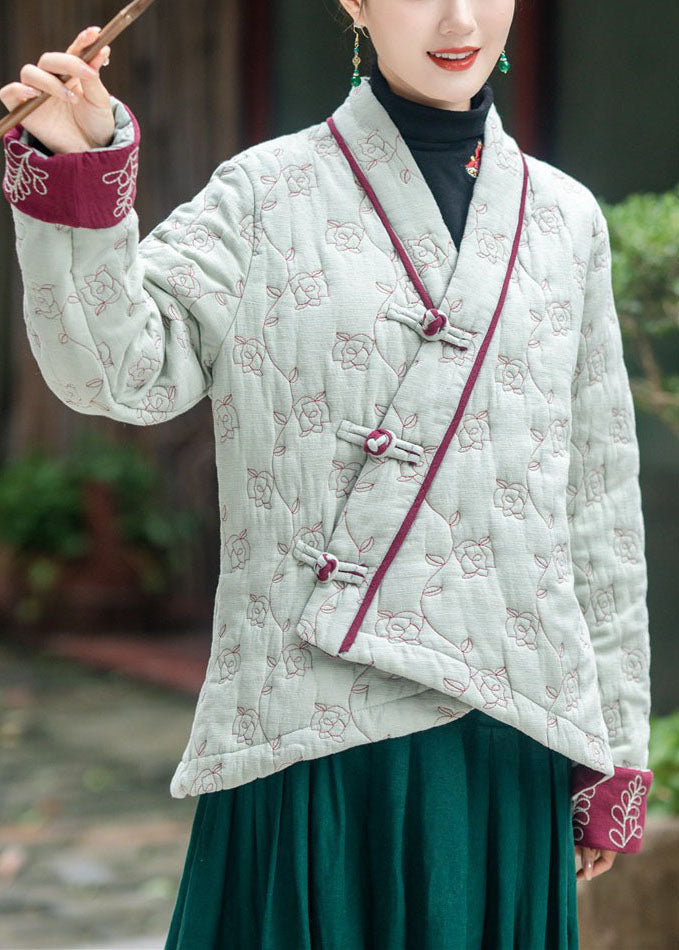 Kunst Hellgrün Bestickt Orientalischen Knopf Feine Baumwolle Gefüllte Mäntel Winter