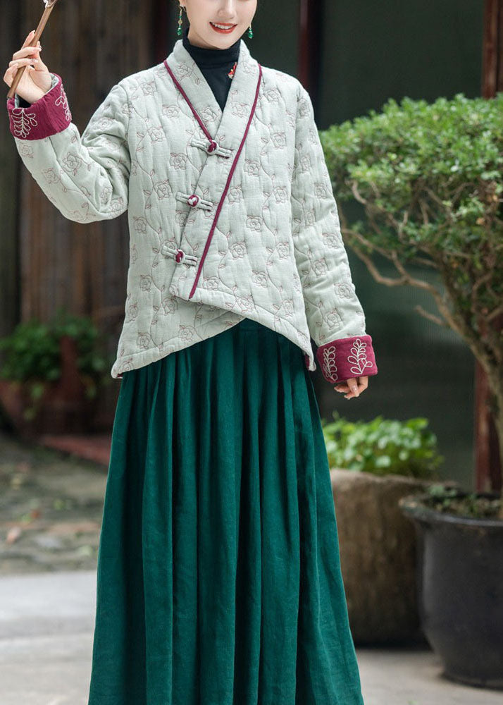 Kunst Hellgrün Bestickt Orientalischen Knopf Feine Baumwolle Gefüllte Mäntel Winter