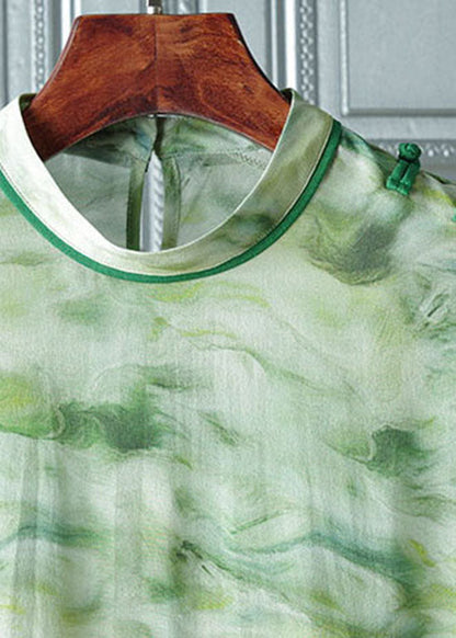 Kunst Hellgrün Stehkragen Knopfdruck Patchwork Seidentops Frühling