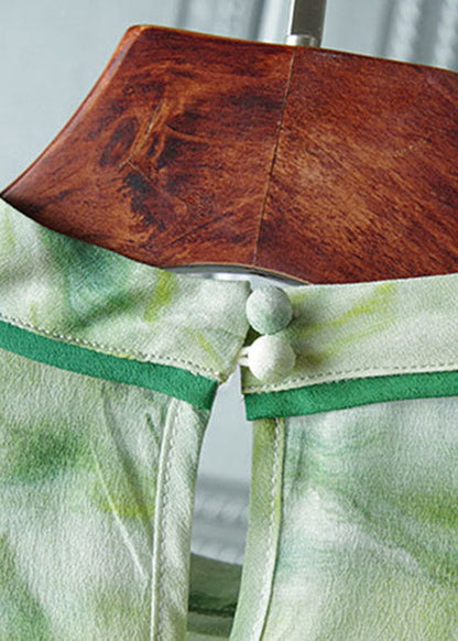 Kunst Hellgrün Stehkragen Knopfdruck Patchwork Seidentops Frühling