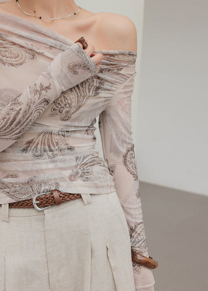 Art Light Grey Cold Shoulder Print Tulle Shirt Tops Spring