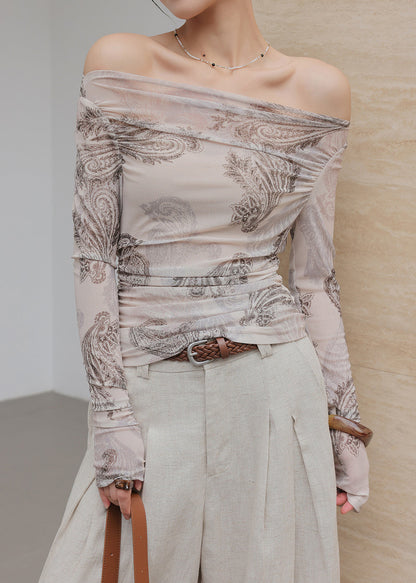 Art Light Grey Cold Shoulder Print Tulle Shirt Tops Spring