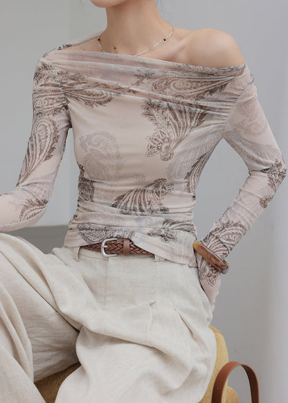 Art Light Grey Cold Shoulder Print Tulle Shirt Tops Spring