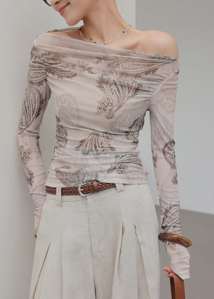 Art Light Grey Cold Shoulder Print Tulle Shirt Tops Spring