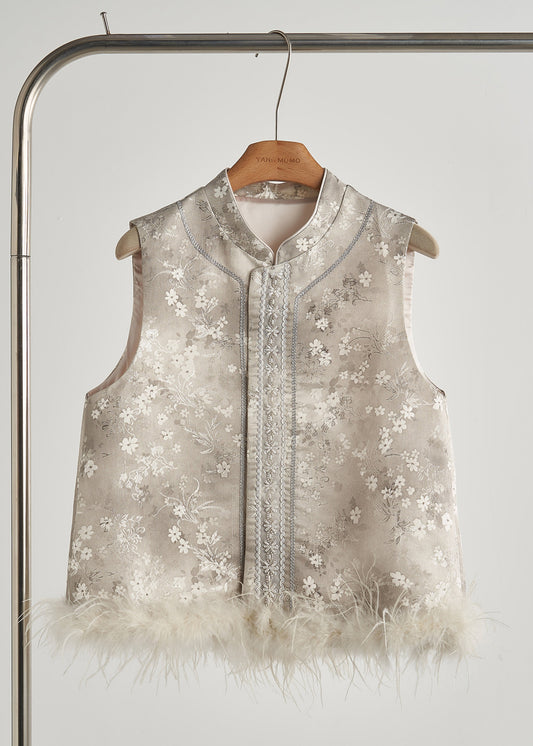 Art Light Grey Jacquard Patchwork Feather Silk Vests Fall