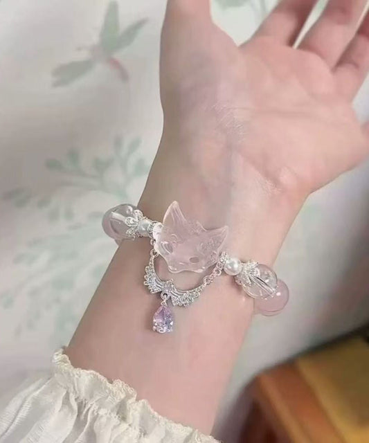 Art Light Pink Alloy Zircon Fox Tassel Charm Bracelet
