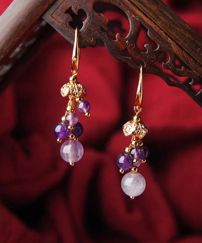 Pendientes colgantes de cristal de oro de 14 quilates en color morado claro