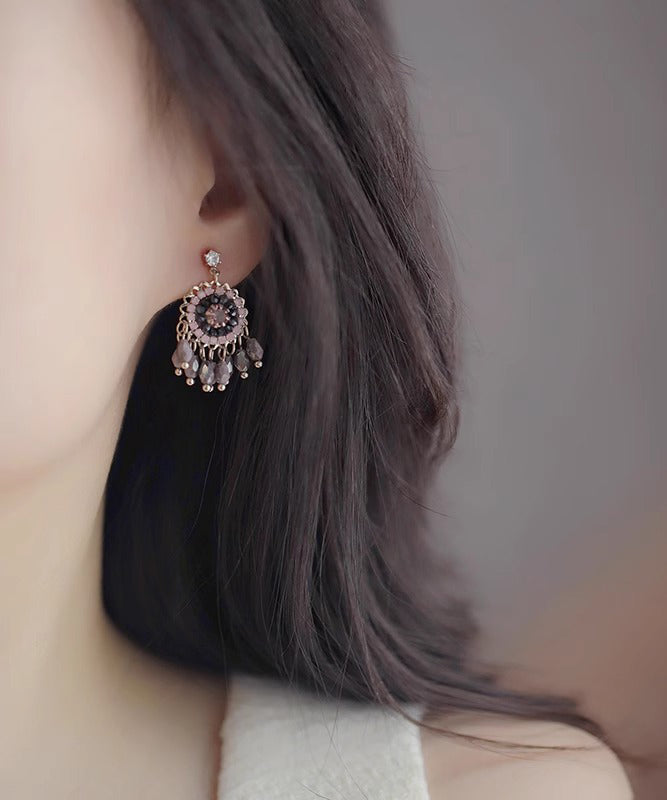 Pendientes colgantes con borlas de cristal de aleación de cobre en color morado claro