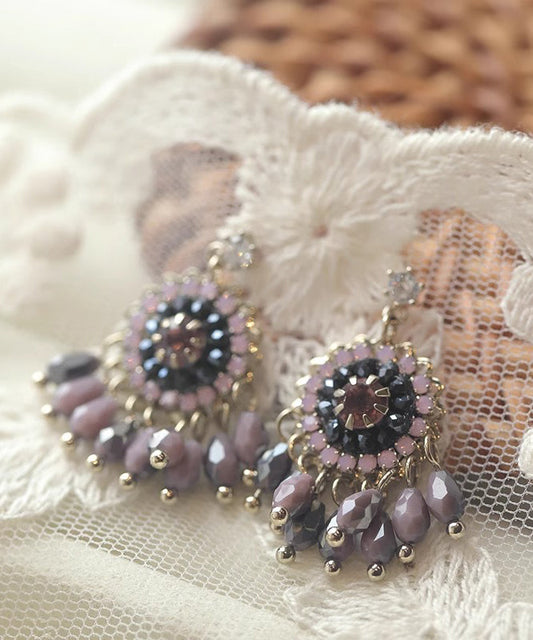 Pendientes colgantes con borlas de cristal de aleación de cobre en color morado claro