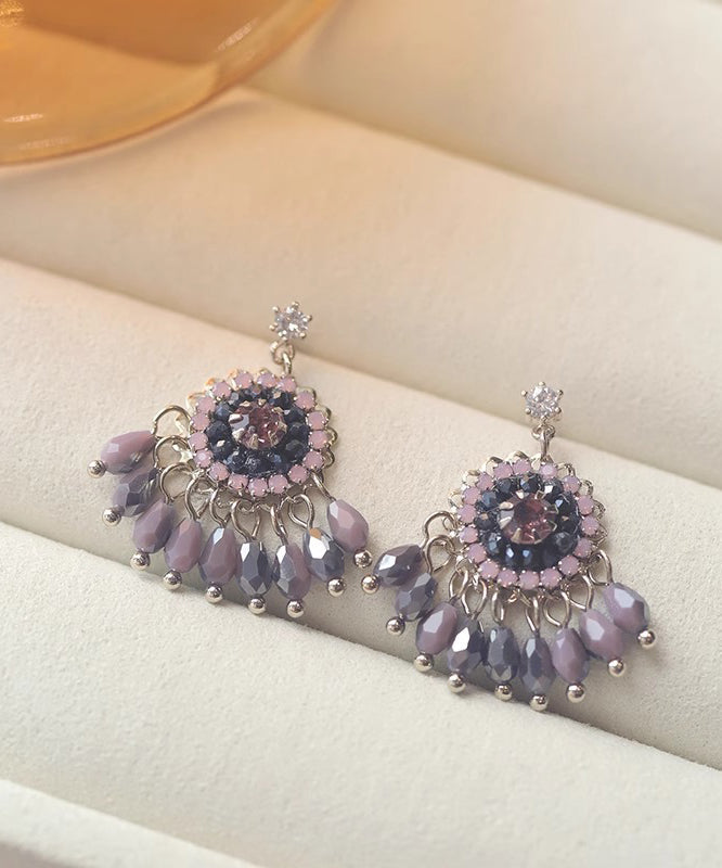 Pendientes colgantes con borlas de cristal de aleación de cobre en color morado claro