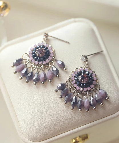 Pendientes colgantes con borlas de cristal de aleación de cobre en color morado claro