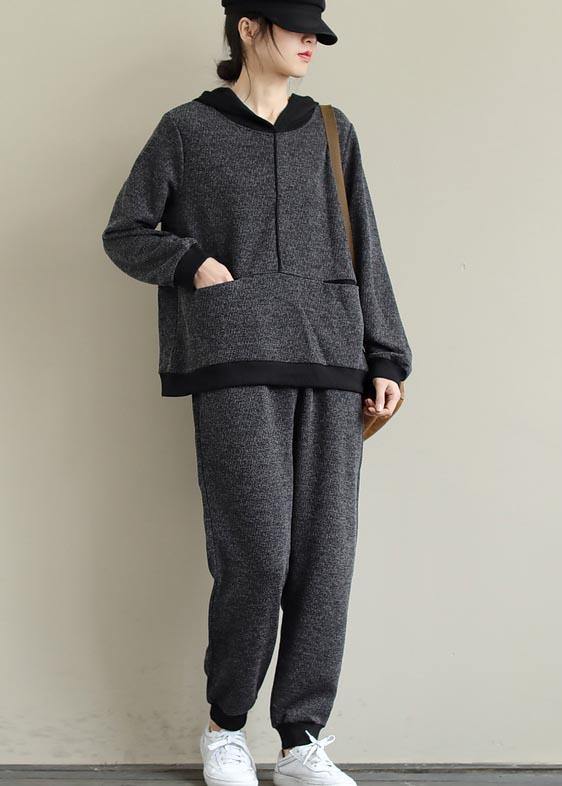 Art Loose Gray Color Matching Hooded Sweater And Elastic Pants Casual Suit - SooLinen