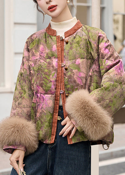 Wintermantel mit Mandarin-Kragen-Print aus Fuchsfell und Entendaunen