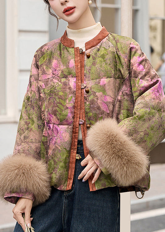 Wintermantel mit Mandarin-Kragen-Print aus Fuchsfell und Entendaunen