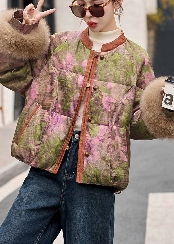 Wintermantel mit Mandarin-Kragen-Print aus Fuchsfell und Entendaunen