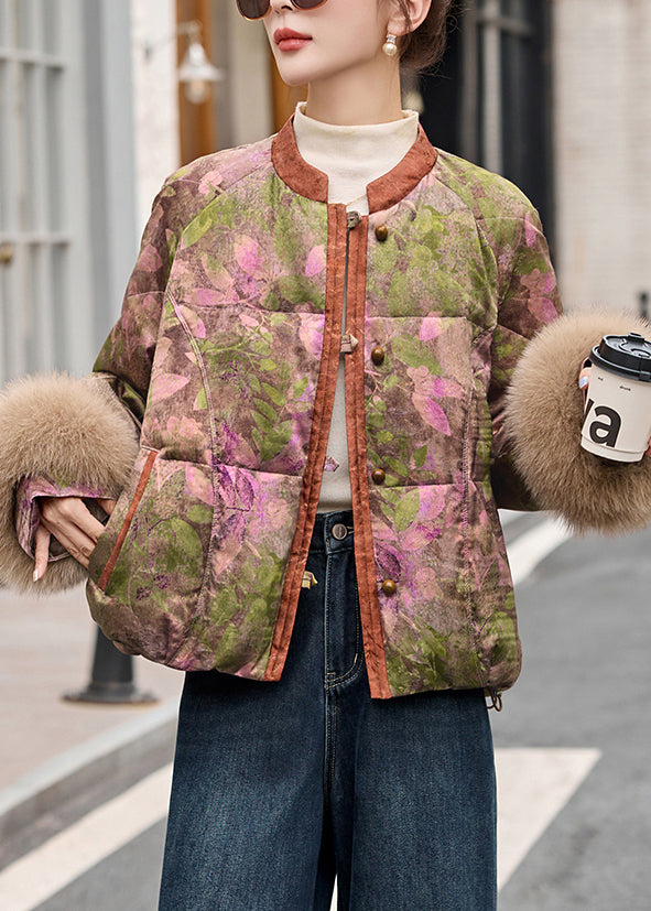 Wintermantel mit Mandarin-Kragen-Print aus Fuchsfell und Entendaunen