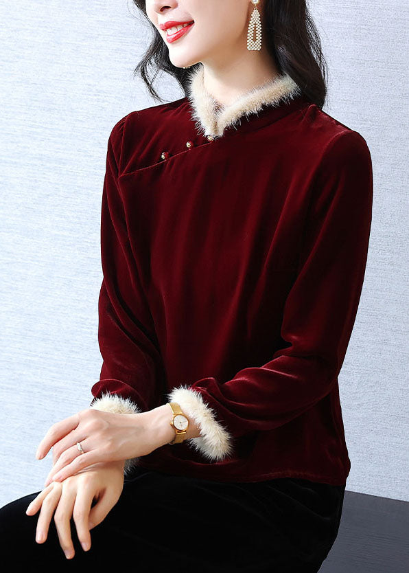 Art Mulberry Stand Collar Patchwork Faux Fur Silk Velour Tops Winter
