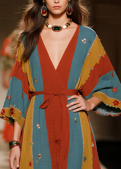 Art Multicolored Flower Tie Waist Striped Cotton Dresses Summer