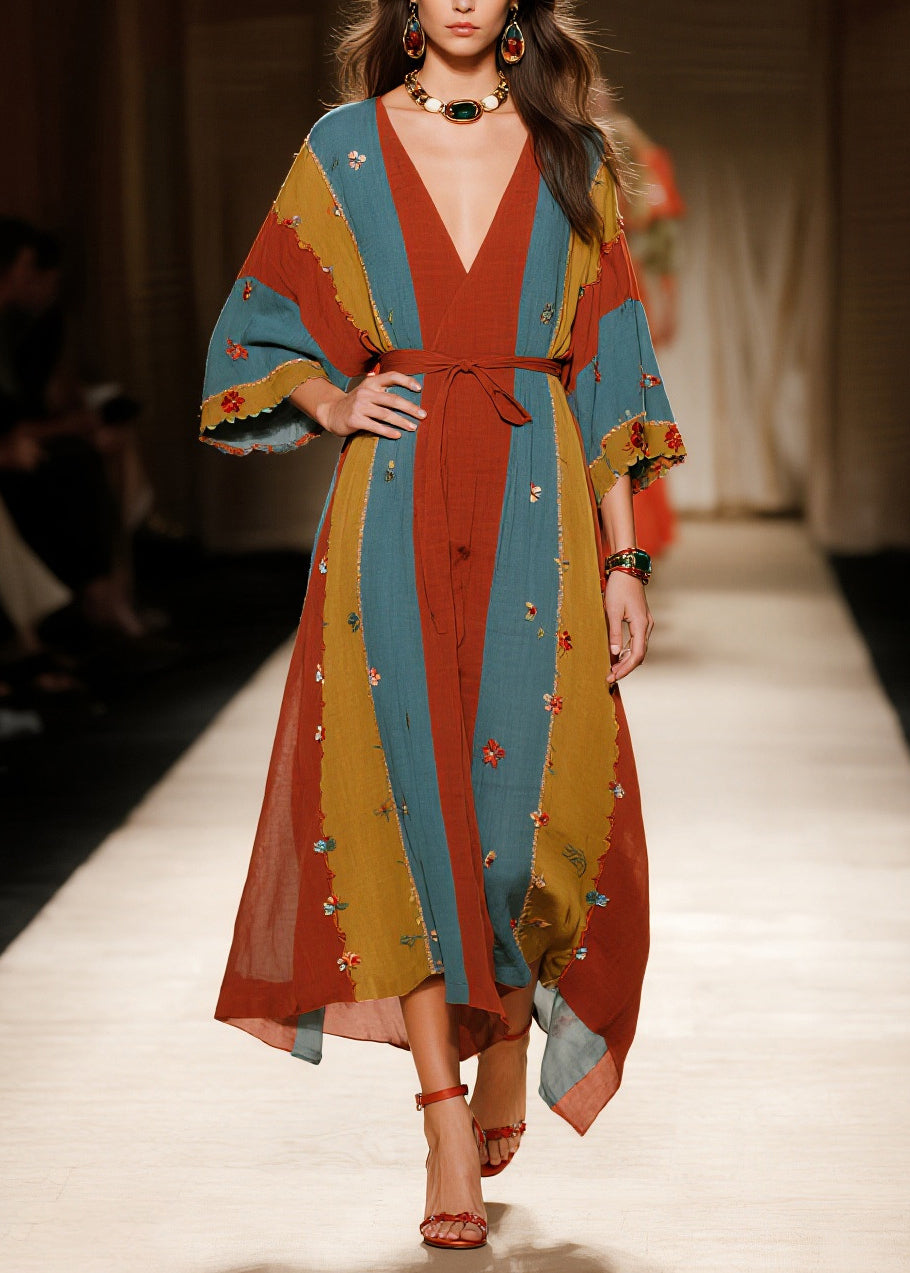 Art Multicolored Flower Tie Waist Striped Cotton Dresses Summer