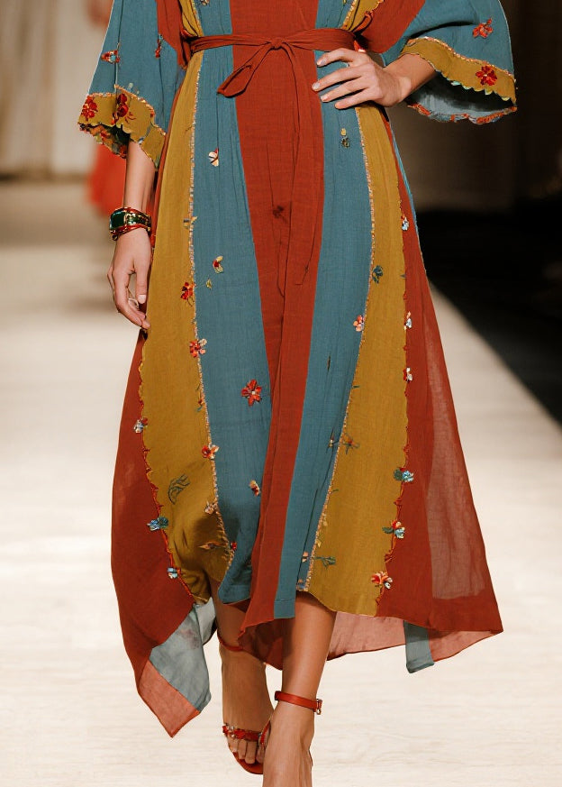 Art Multicolored Flower Tie Waist Striped Cotton Dresses Summer