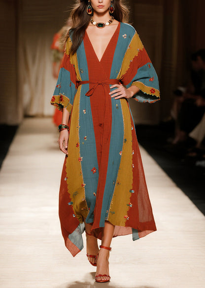 Art Multicolored Flower Tie Waist Striped Cotton Dresses Summer